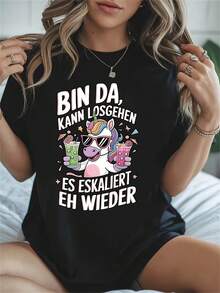 1 Camiseta de Manga Corta para Mujer con Estampado Divertido de Unicornio con Gafas y Bebida, Ideal para Primavera/Verano, Regalo Perfecto para Vacaciones - Negro - Ver 1