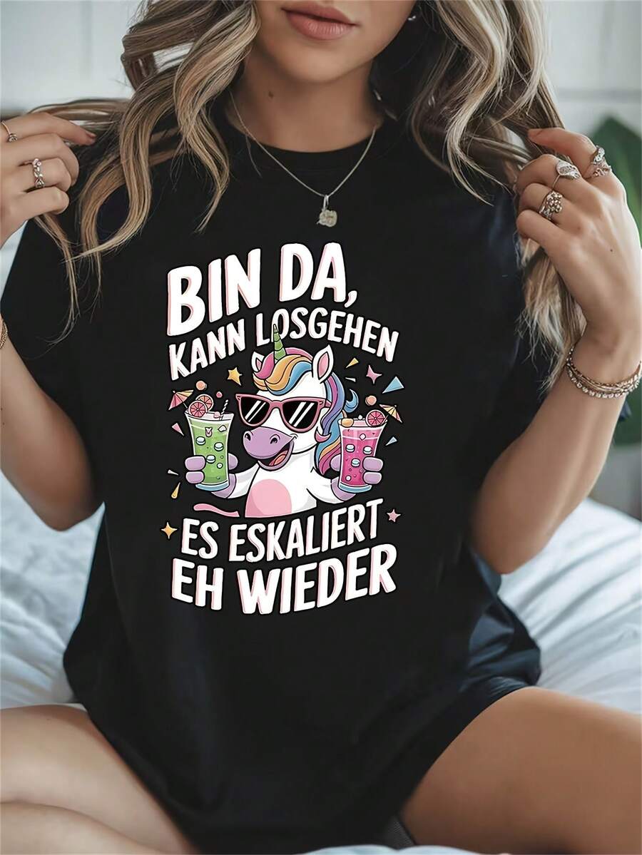 1 Camiseta de Manga Corta para Mujer con Estampado Divertido de Unicornio con Gafas y Bebida, Ideal para Primavera/Verano, Regalo Perfecto para Vacaciones - Negro - Ver 1