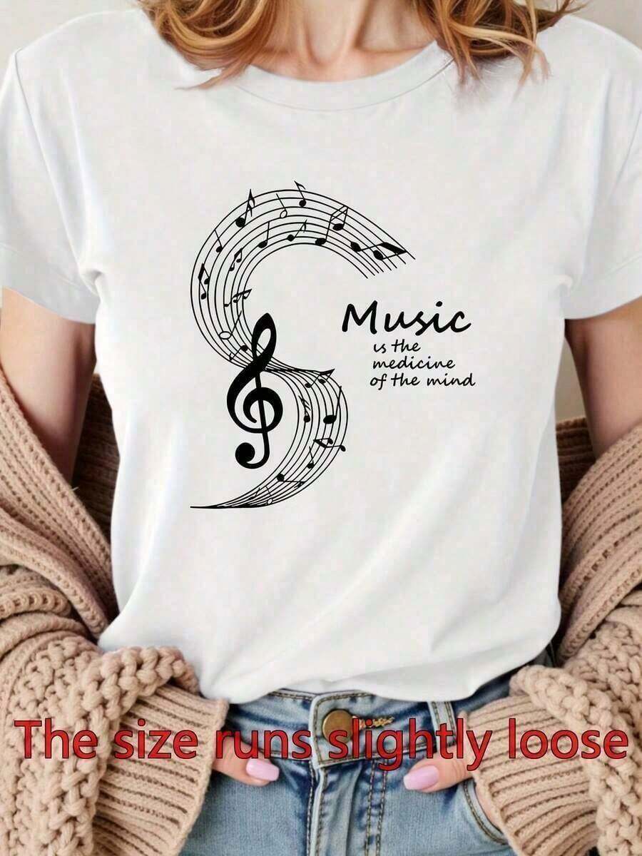 Mujeres Verano Vacaciones Camiseta Mujeres Con temática musical Camiseta Impreso Con El Eslogan Música Es El Medicina De El Alma Y A Agudos Clave Patrón - De manga corta, Cuello Redondo Informal Superior, Blanco Antecedentes Con Negro Música Notas Diseño, Máquina Lavable Adecuado Para Todos Estaciones del año, A Imprescindible Artículo Para Tu Primavera Y Verano Armario Graduación Informal Vintage Imprimir, Suelto Tee, Ropa fresca de verano para mujeres al aire libre - Blanco - Ver 1