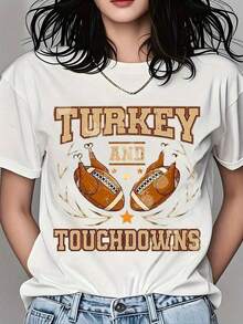Camiseta de Fútbol Americano con Diseño de Pavo y Touchdowns para Mujer - Camiseta Gráfica Festiva con Diseño de Pavo y Fútbol Americano, Perfecta para Celebrar el Día de Acción de Gracias y Usar en el Día del Partido. Ropa Fresca de Verano para Mujer 2026 - Blanco - Ver 6