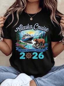 1 camiseta de crucero de Alaska con estampado de barco de crucero, oso y montañas, "Creando Recuerdos Juntos 2026", para recuerdos de viajes y vacaciones, 180g 100% algodón. - Negro - Ver 2