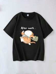 Plus Size Women's Casual Cat Print T-Shirt, Suitable For Everyday Wear, Outings, Vacations, Summer, Beach Parties, Music Festivals, Holidays And Other Events. Color: Black - 黑色 - 查看 2