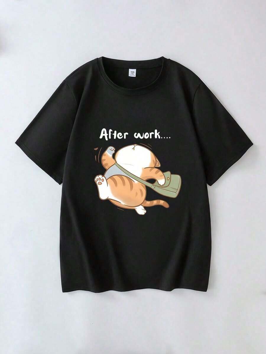 Women's Summer Short Sleeve T-Shirt With Cartoon Letter Print, Round Neck, Casual, Versatile For Daily Wear, Breathable And Non-Sweaty, Soft And Smooth, High Quality, Suitable For Sports And Fitness, Daily Wear, Vacation, Office, School, Parties And Other Various Occasions. - 黑色 - 查看 1
