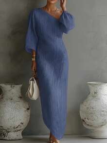 Vestido Largo Primavera Hombro Asimétrico Holgado Estilo Vacaciones Estiloso Delgado Estilo Europeo Elegante para Mujer - Azul - Ver 1