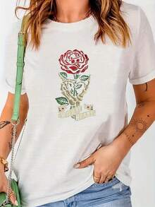 Fashionable Oversized Cotton T-Shirts For Women 2026 Skeleton Rose, Comfortable Women's T-Shirt, Soft And Cozy, Simple For Everyday Wear, Short Sleeve Top - 白色 - 查看 7