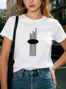 Camiseta estampada con diseño de músico en línea abstracta, top casual de manga corta y cuello redondo, adecuada para verano y primavera, ropa de mujer. - Blanco - Ver 1
