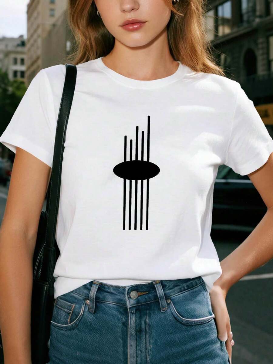 Camiseta estampada con diseño de músico en línea abstracta, top casual de manga corta y cuello redondo, adecuada para verano y primavera, ropa de mujer. - Blanco - Ver 1