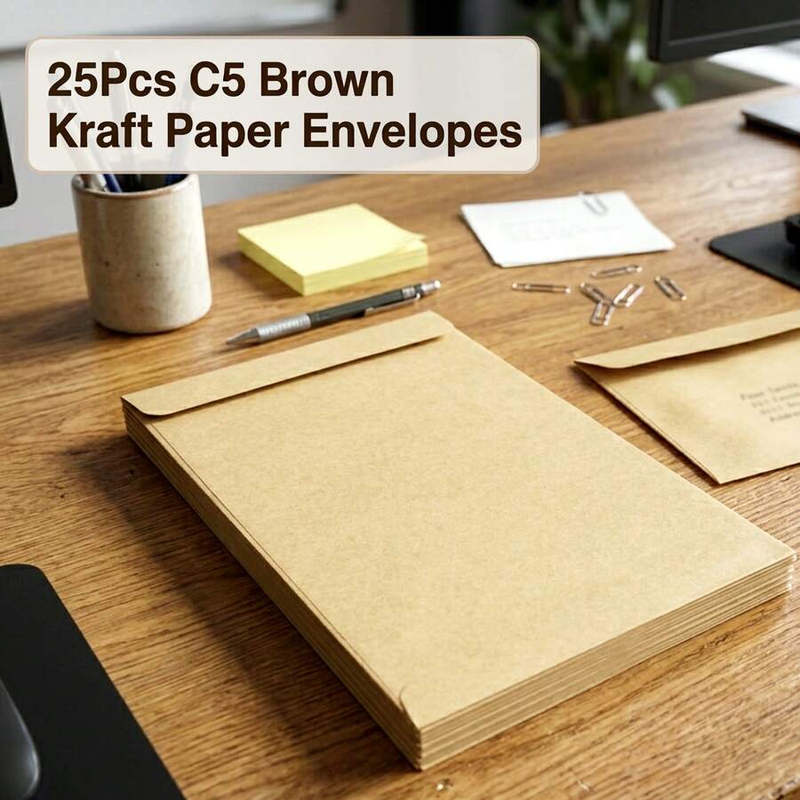 Plicuri Kraft C5, pachet de 25, plicuri autoadezive pentru documente A5, 9 x 6,4 inci, plicuri poștale maro pentru documente A4 pliate, scrisori, facturi și fotografii, rechizite rezistente pentru birou, acasă, școală, afaceri - Plicuri Kraft C5, pachet de 25 - Vizualizare 1