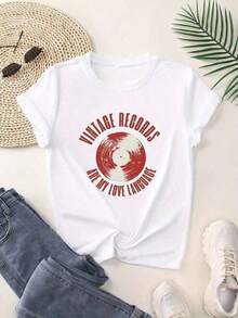 Camiseta de Mujer con Estampado de Discos Vintage, Manga Corta, Diseño Retro de Discos de Vinilo, Impresión 'El Lenguaje del Amor es el Mío', Transpirable, Cuello Redondo, Estilo Casual para Viajes al Aire Libre, Senderismo de Verano, Lavable a Máquina, blusas para mujer - Blanco - Ver 8