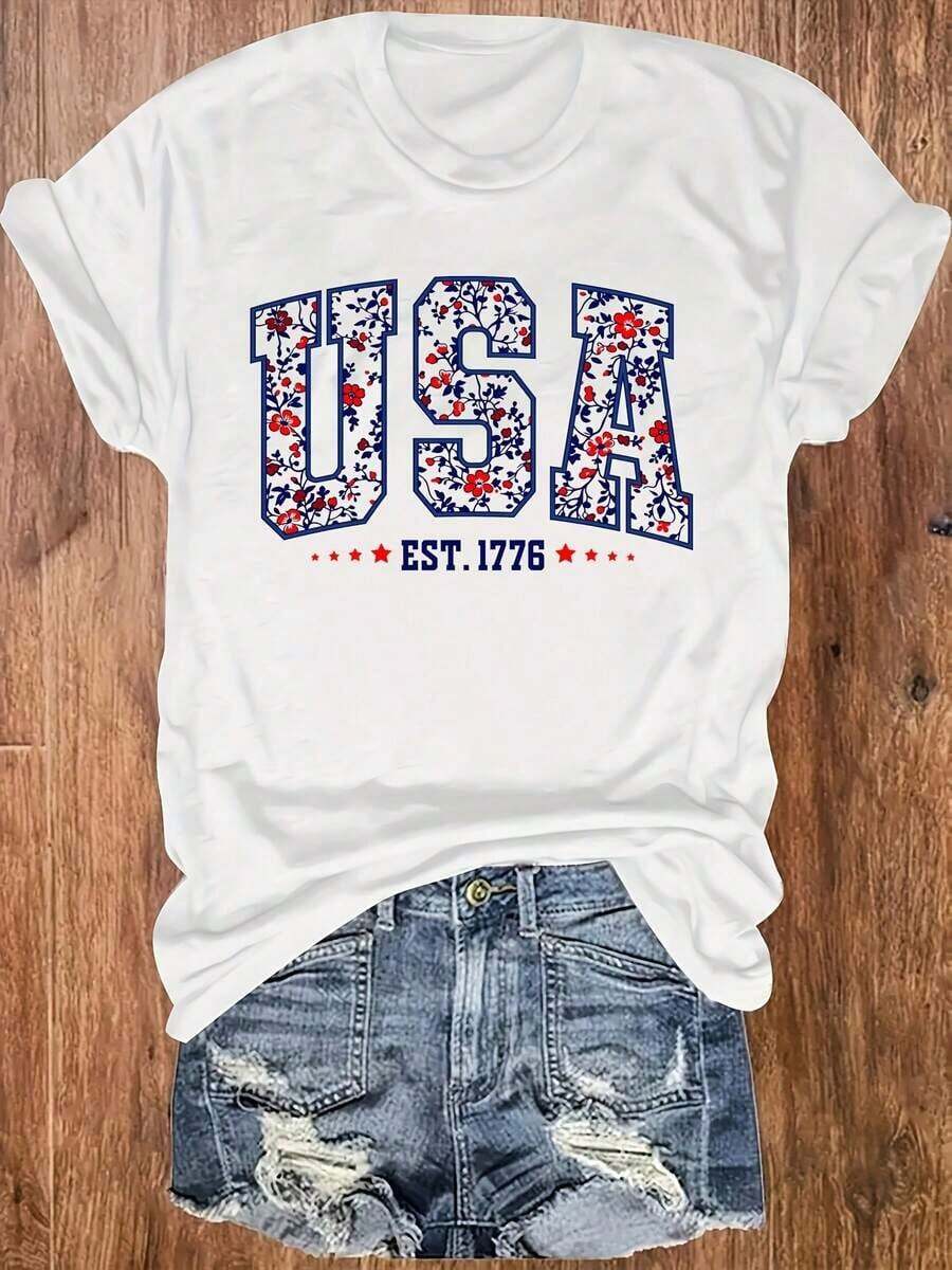 Soft USA 1776 Sudadera de Cuello Redondo con Estampado Floral para el Día de la Independencia, Cómoda Camiseta Casual de Algodón Puro con Estampados Gráficos Deportivos a la Moda, Estilo Unisex para Parejas, Estilo Urbano Y2K, Adecuada para Celebraciones Festivas, Día de la Independencia, Manga Corta para Mujer, Regalo de Cumpleaños. - Blanco - Ver 1