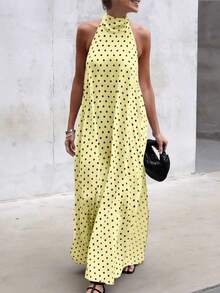 Vestido sin mangas de lunares beige para mujer, vestido casual y fluido para el verano, la playa y las vacaciones, elegante vestido de fiesta de verano - Amarillo - Ver 4