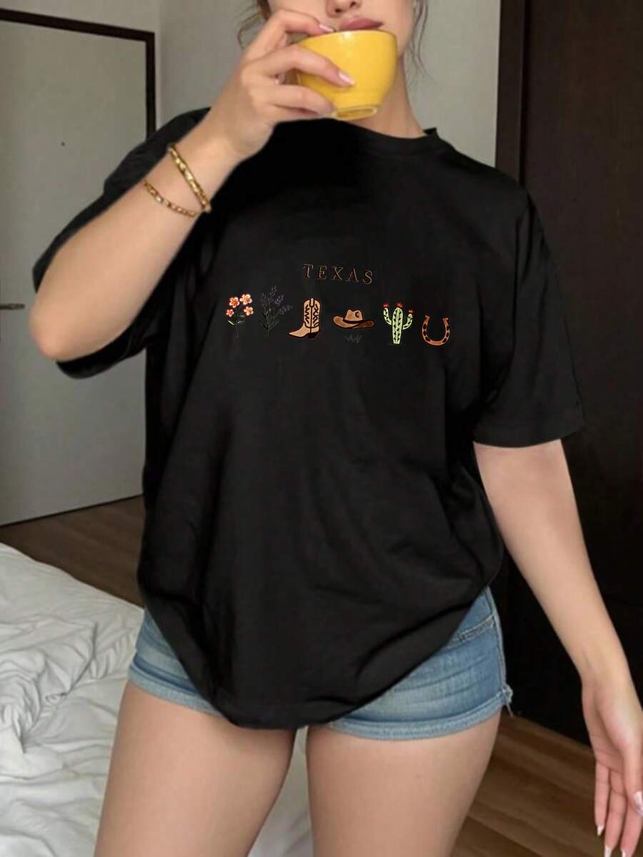 Camiseta de Manga Corta Oversize con Estampado de Texas y Elementos Rurales para Uso Diario y Ocasiones Casuales 100% Algodón - Negro - Ver 1