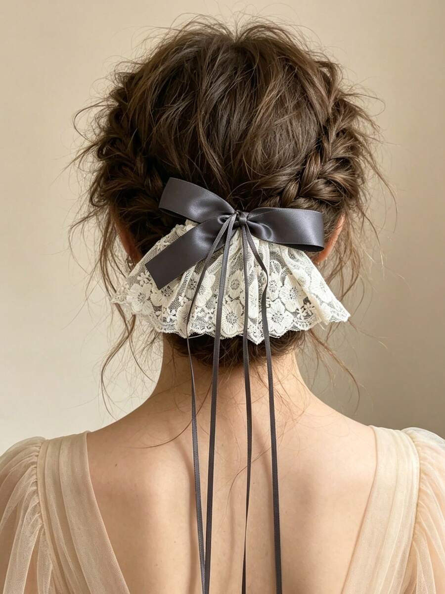 1 pieza Clip de pelo con lazo de encaje, Estilo lazo de encaje Horquilla de cinta, Clip de primavera para moño, trenza, adecuado para boda, fiesta, escuela - Multicolor - Ver 1