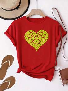 Women's T-Shirt, 100% Pure Cotton, Bohemian Style, With Artistic Floral Print, Casual, Basic, Short Sleeve, Fashionable. Women's T-Shirt With Vintage Bohemian Pattern, 100% Cotton, Soft, Breathable, Round Neck, Short Sleeve, Urban Boho Style. - 紅色 - 查看 7