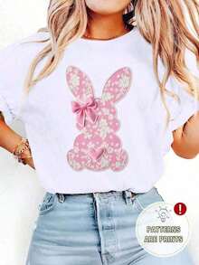Camiseta casual de manga corta con cuello redondo y estampado de lazo y conejo para mujeres, adecuada para todas las estaciones, camisetas gráficas de feliz Pascua, camisetas para hombres, ropa de calle, camisa blanca, camisa negra, suelta y cómoda - Blanco - Ver 7