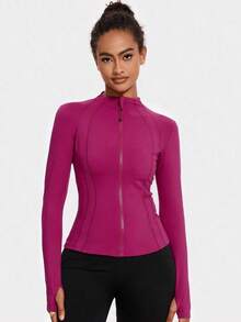 2026 Chaqueta deportiva de ajuste ceñido para mujer VUTRU con ojales para el pulgar y cuello alto, primavera - Ciruela intensa - Ver 9