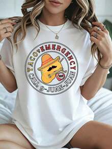 Vintage Cotton T-Shirt With "Cinco De Mayo Taco Emergency Call 9 Juan" Print, Black, Casual Summer Clothing For Everyday Wear - 白色 - 查看 8