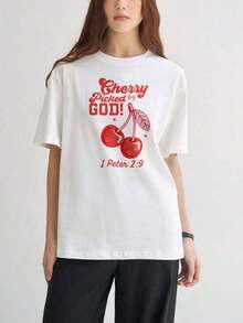 Camisetas de manga corta para mujer, con estampados interesantes, ropa hermosa. Camiseta "Elegida por Dios" con estampado de cerezas blancas y versículos bíblicos, ropa casual para mujeres y hombres. - Blanco - Ver 1