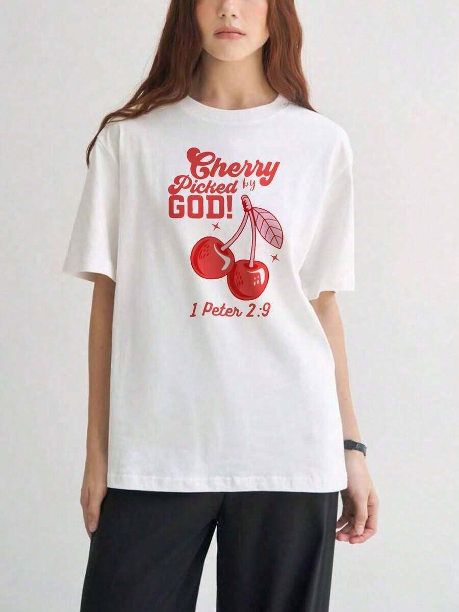 Camisetas de manga corta para mujer, con estampados interesantes, ropa hermosa. Camiseta "Elegida por Dios" con estampado de cerezas blancas y versículos bíblicos, ropa casual para mujeres y hombres. - Blanco - Ver 1