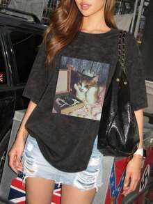 New Summer Arrival: Casual Short Sleeve T-Shirt With Cat And Pearl Print, Round Neck, Tie-Dye Style, Versatile And Elegant Blouse For Women, Black - 黑色 - 查看 7
