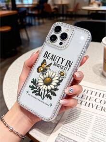 1pc Transparent TPU Phone Case Compatible With IPhone 17/16/15/14/13/12 Series, Anti-Fall Anti-Scratch, Fresh Daisy Butterfly Design, Retro Daisy Butterfly Print, Rhinestone Edging - Multicolor - View 2