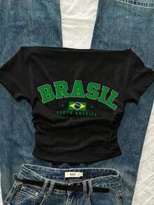 Camiseta blanca de manga corta, ajustada, con hombros descubiertos y fruncido en la cintura, estilo casual, adecuada para el verano, con estampado de leopardo y cereza - Negro 2 - Ver 3