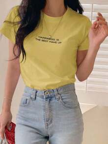 Camiseta casual de manga corta con cuello redondo, estampado de letras en azul cielo, para primavera/verano - Amarillo - Ver 4