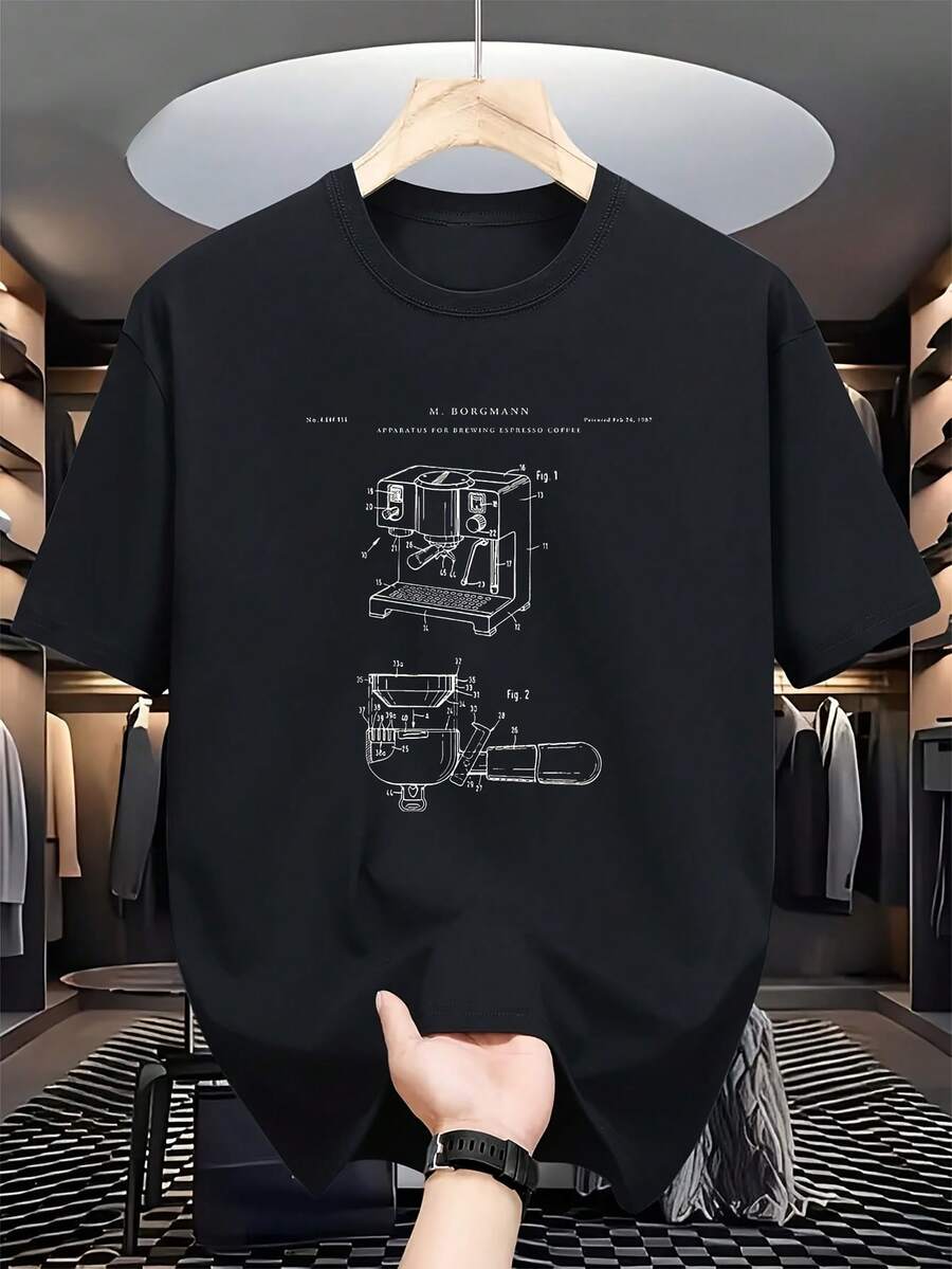 Las camisetas más divertidas de siempre Camiseta de cuello redondo con diseño de patente de máquina de espresso corta 180G de peso pesado, camiseta negra pura con temática de café, diseño de diagrama de preparación de espresso vintage, cuello redondo casual para baristas y amantes del café, camisetas de compresión para hombres