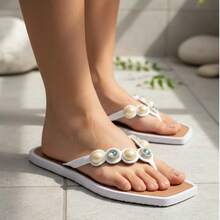 Chinelo Feminino Rasteira Esferas Metalizadas Detalhes Azuis - Branco - Visão 2