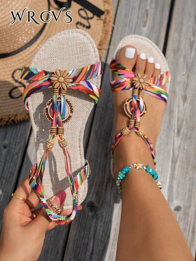 WRCVS Colorful Women's Sandals, Summer Flat Slip-On Casual Woven Beaded Retro Bohemian Vacation Outdoor Sandals