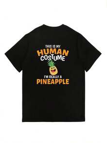 Camiseta de mujer de 180g de corte holgado con estampado Esta mi ropa humana, en realidad soy una piña. Camiseta de manga corta informal de verano, adecuada para regalos de vacaciones, reuniones familiares y actividades de building de la empresa. Modelo de moda 2024 - Camiseta unisex de algodón de manga corta y cuello redondo, estilo vintage urbano. - Negro - Ver 2