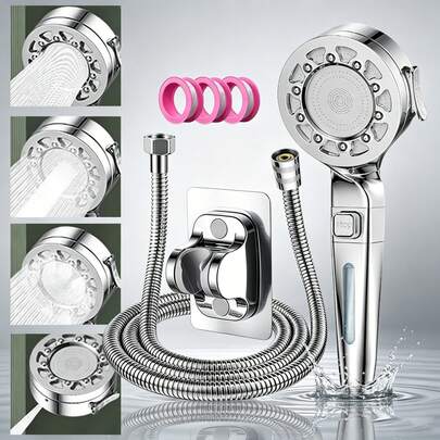 Bộ vòi sen cầm tay áp lực cao với 4 chế độ phun và công tắc bật/tắt, đầu vòi sen mạ crom kèm dây dẫn dài 1.5m, bao gồm giá đỡ gắn tường và gioăng.