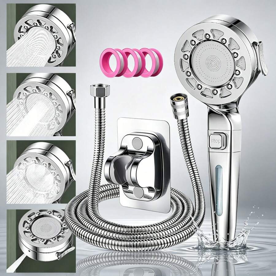 Bộ vòi sen cầm tay áp lực cao với 4 chế độ phun và công tắc bật/tắt, đầu vòi sen mạ crom kèm dây dẫn dài 1.5m, bao gồm giá đỡ gắn tường và gioăng. - Bộ vòi sen - Xem 1