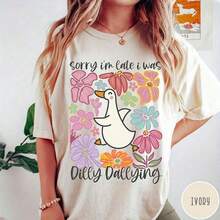 Camiseta con Estampado Divertido Estilo "I Was Dilly Dallying Goose" para Hombres y Mujeres de Tallas Grandes, Camiseta de Cuello Redondo de Color Vibrante para Hombres y Mujeres de Tallas Grandes, Nueva Colección 2026, Atuendo Atrevido para Festivales - Blanco - Ver 1