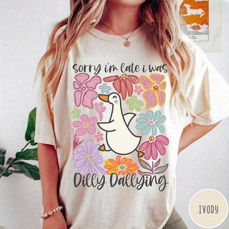 Camiseta con Estampado Divertido Estilo "I Was Dilly Dallying Goose" para Hombres y Mujeres de Tallas Grandes, Camiseta de Cuello Redondo de Color Vibrante para Hombres y Mujeres de Tallas Grandes, Nueva Colección 2026, Atuendo Atrevido para Festivales - Blanco - Ver 1