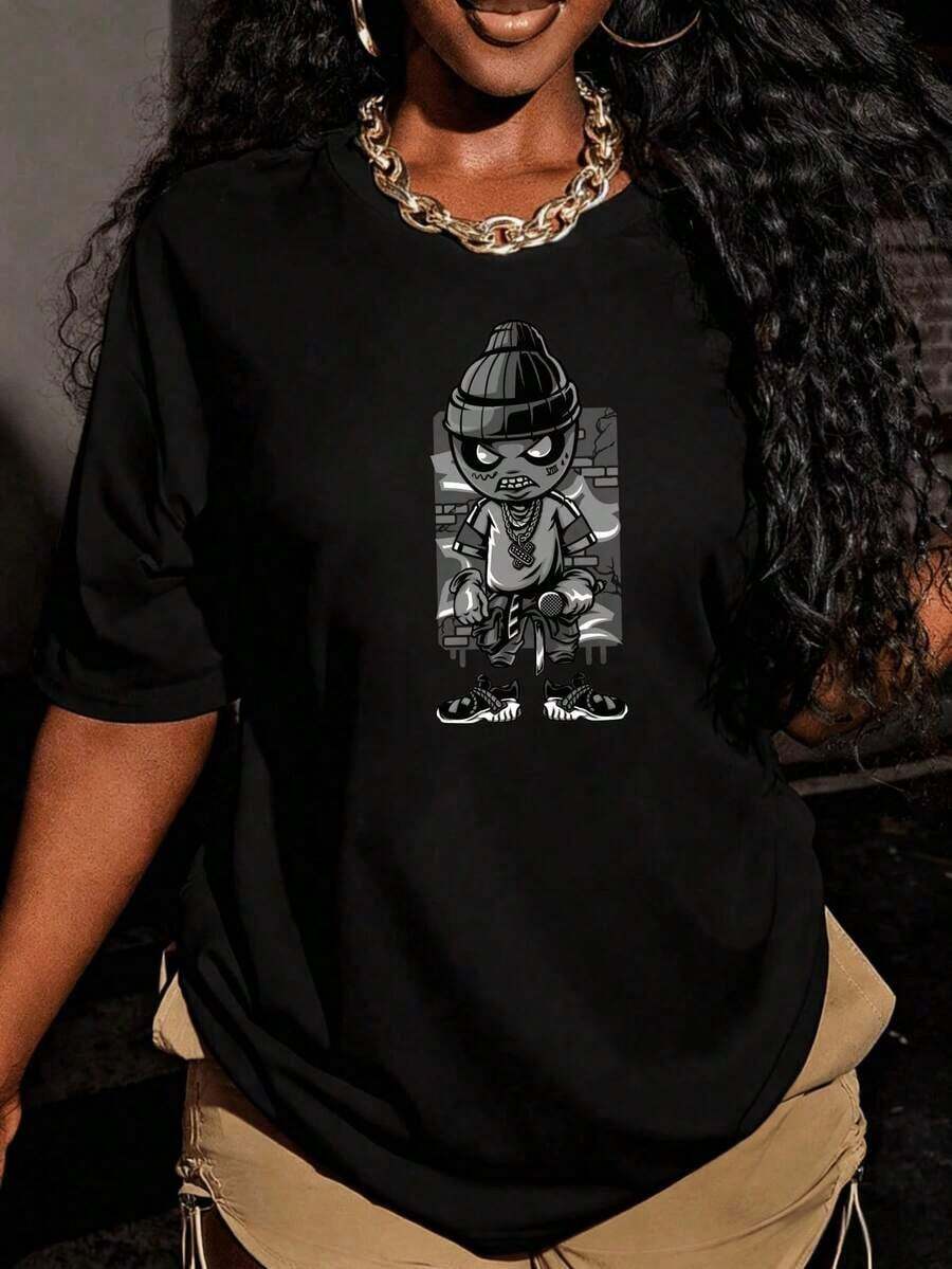 1pscCamiseta de mujer de corte holgado, opciones de color y blanco, estampado de personaje de dibujos animados, estilo streetwear, camiseta gráfica, moda urbana, ropa casual para mujeres, conjuntos de verano, camisetas gráficas, tops cortos para mujeres, tops para mujeres, ropa vintage de algodón, ropa linda de, atuendo de Navidad para mujeres, vestidos elegantes de mujer, camisetas de verano, tops gráficos, conjuntos de verano para mujeres, camisetas gráficas, tops cortos para mujeres, tops para mujeres, ropa vintage de algodón de, ropa linda de, atuendo de Navidad para mujeres, vestidos elegantes de mujer, sudaderas, playeras 2026, ropa deportiva, blusas deportivas de gimnasio2026, Cómoda y Ligera para Uso DiarioSuitable for spring, summer and autumn - Negro - Ver 1