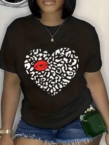 Camiseta Holgada Negra de Talla para Mujer, Estampado de Corazones Blancos y Rojos con Puntos Negros, Cuello Redondo Elástico y Cómodo, Manga Corta, Ropa Casual de Primavera/Verano, Atuendo para de San Valentín, Lavable aáquina - Camiseta Vintage de Estilo Urbano Unisex, de Algodón, Manga Corta y Cuello Redondo - Negro - Ver 5