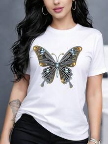 Camiseta de manga corta para mujer, casual y de moda, con patrón de mariposas de pedrería, cómoda y transpirable, ropa de mujer de moda para verano 001# - Blanco - Ver 1