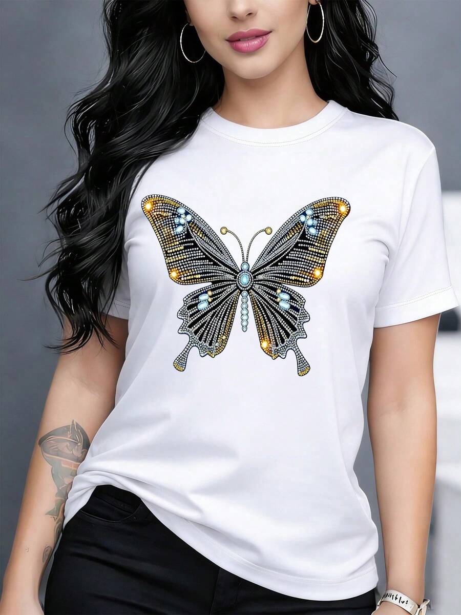 Camiseta de manga corta para mujer, casual y de moda, con patrón de mariposas de pedrería, cómoda y transpirable, ropa de mujer de moda para verano 001# - Blanco - Ver 1