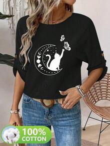 blusas Camiseta de Mujer para Primavera/Verano, Elegante y a la Moda, 100% Algodón, Manga 3/4, Cuello Redondo, Largo de Manga Ajustable, Diseño Sencillo, Estampado de Gato, Luna y Mariposa, Cómoda y Transpirable para el Hogar y Salidas, Sencilla y Versátil para el Día a Día. Adecuado para primavera, verano y otoño - Negro - Ver 1