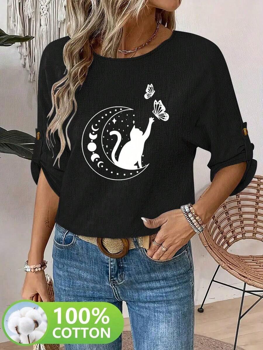 blusas Camiseta de Mujer para Primavera/Verano, Elegante y a la Moda, 100% Algodón, Manga 3/4, Cuello Redondo, Largo de Manga Ajustable, Diseño Sencillo, Estampado de Gato, Luna y Mariposa, Cómoda y Transpirable para el Hogar y Salidas, Sencilla y Versátil para el Día a Día. Adecuado para primavera, verano y otoño - Negro - Ver 1