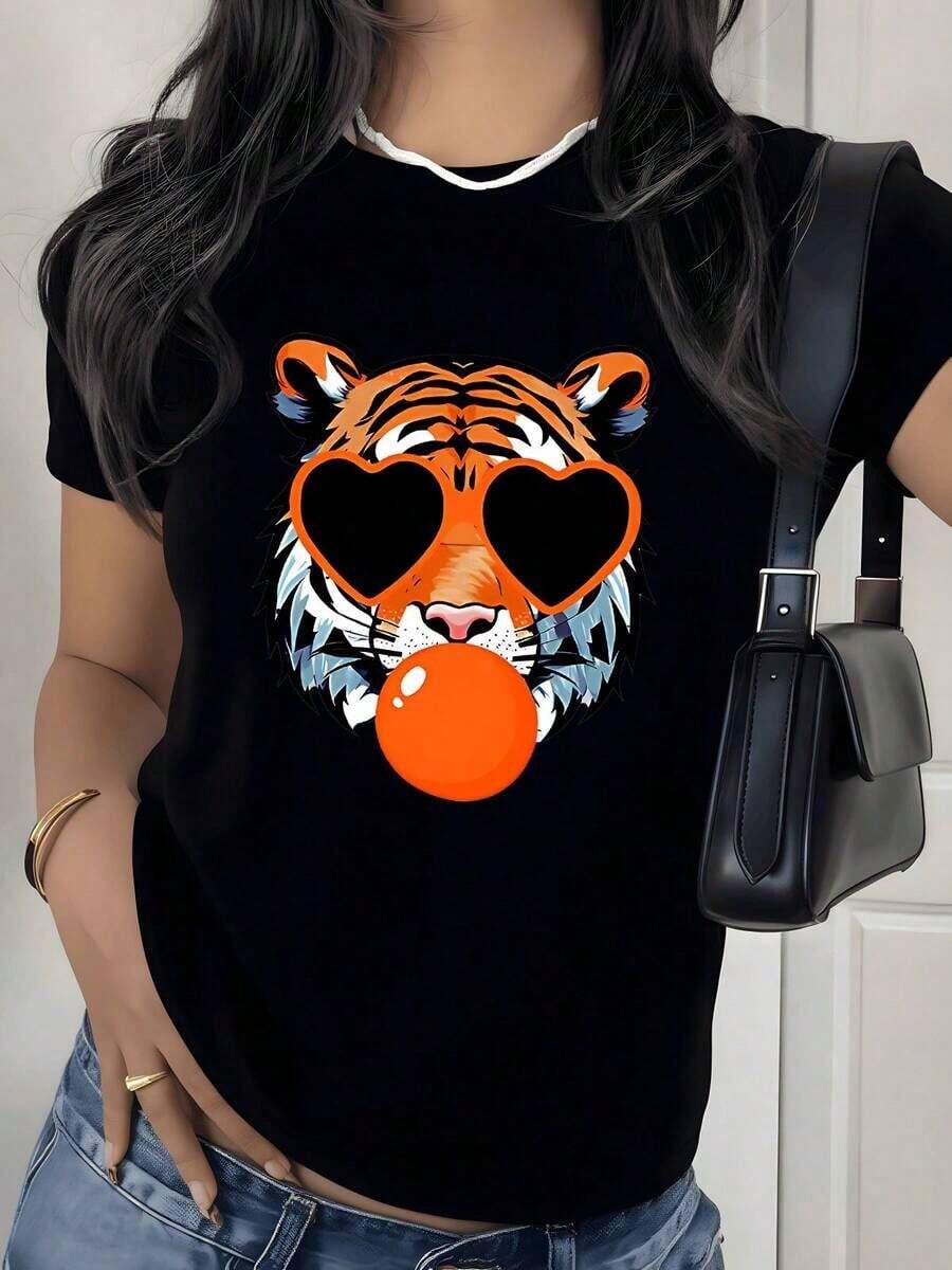 Camiseta con estampado gráfico de goma de mascar y gafas de sol con corazón de tigre, 180g, 1 pieza, para amantes de los animales, casual para mujer, 100% algodón, estilo streetwear. - Negro - Ver 1