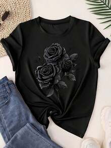 Camiseta única con diseño de rosas negras estilo Y2K perfecta para los amantes de la moda en México, combina elegancia y vanguardia, ideal para cualquier ocasión, resalta tu personalidad con esta prenda exclusiva y trendy. - Negro - Ver 1