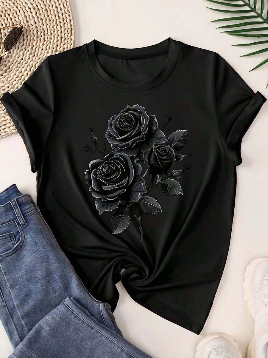 Camiseta única con diseño de rosas negras estilo Y2K perfecta para los amantes de la moda en México, combina elegancia y vanguardia, ideal para cualquier ocasión, resalta tu personalidad con esta prenda exclusiva y trendy. - Negro - Ver 1