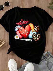 Camiseta de Mujer con Diseño de Corazón Médico y Estampado de Leopardo para Uso Casual en Primavera Verano - Negro - Ver 2