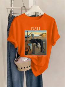 Dali's Memory: The Persistent Black Cat, A Women's Spring/Summer T-Shirt With Surrealist Art Prints, Fitted Design, Round Neck, Suitable For Casual Everyday Wear, New 2026 Style! Comfortable And Soft, Cotton T-Shirt For Everyday Wear. - 橘色 - 查看 12