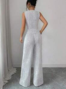 Conjunto de dos piezas de top sin mangas con hombros abiertos y decoración metálica, y pantalones con estampado de rayas para mujer. Adecuado para fiestas, citas, cenas, vuelta al colegio, Día del Maestro, Día de la Madre, festivales, uso diario casual, ir al trabajo, vacaciones. - Multicolor - Ver 2