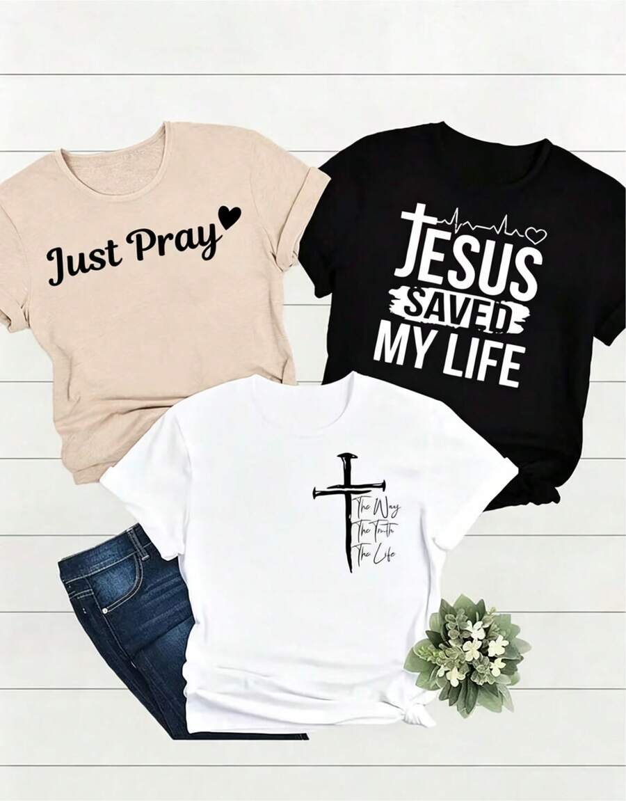 Women's T-Shirt Set, 3-Piece Set Of Short-Sleeve T-Shirts Suitable For Streetwear, Oversized Round Neck Top For Daily Outings, Camping, Concerts, Hip-Hop, Rock, And Rap Events. Black, White, Gray, Casual Short-Sleeve Set, Popular Fashion, Round Neck, Short Sleeve, Casual And Comfortable, Spring/Summer Clothing For Women. - 黑色 - 查看 1