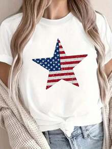 ComfortableCamiseta de mujer G500L de color sólido, diseño geométrico con bandera, cuello redondo, cómoda de llevar, adecuada para uso casual en todas las estaciones, lavable aáquina, para uso diario, tela de color sólido, camiseta estampada de algodón de talla. Camiseta de manga corta para mujer, estilo básico que combina con todo, para uso interior y exterior. - Blanco - Ver 1