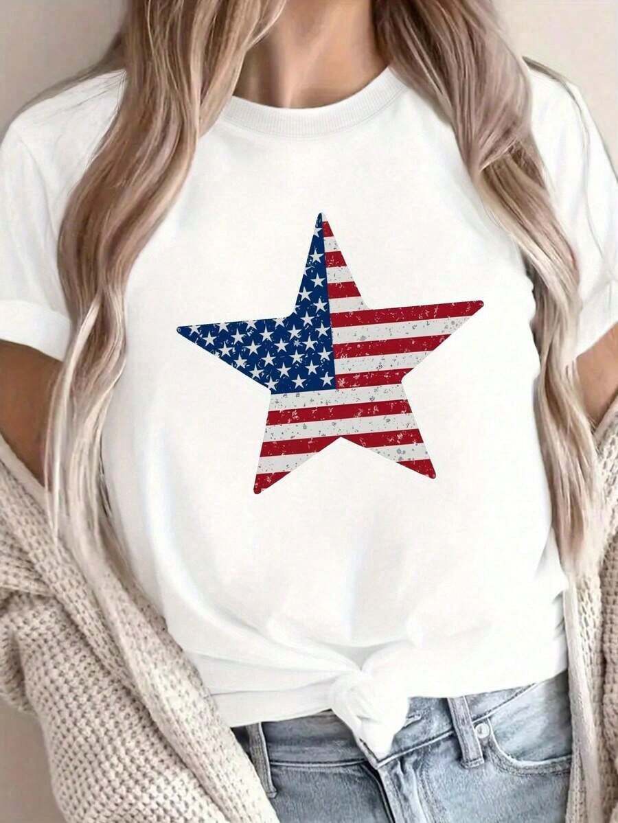 ComfortableCamiseta de mujer G500L de color sólido, diseño geométrico con bandera, cuello redondo, cómoda de llevar, adecuada para uso casual en todas las estaciones, lavable aáquina, para uso diario, tela de color sólido, camiseta estampada de algodón de talla. Camiseta de manga corta para mujer, estilo básico que combina con todo, para uso interior y exterior. - Blanco - Ver 1